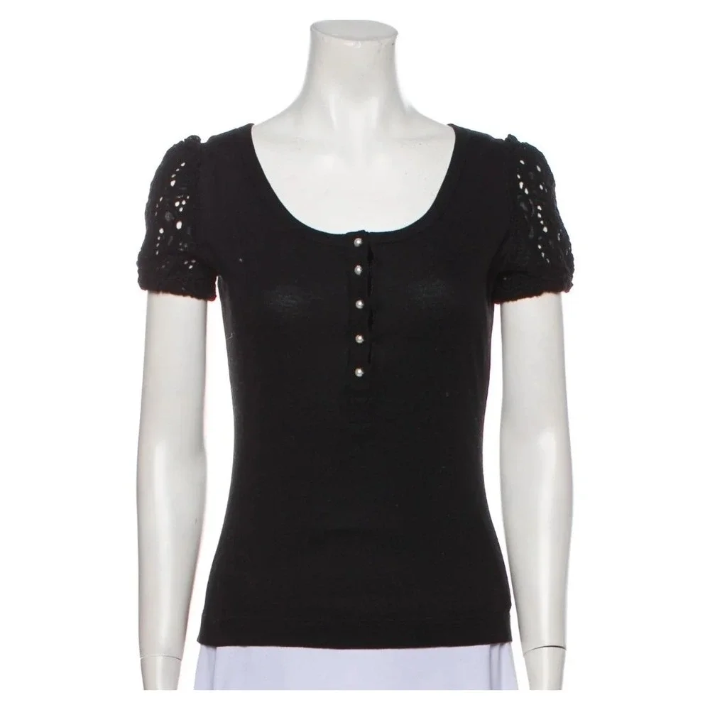 Dolce & Gabbana Women Black Shirt Size 44 Pearl Button Closure Lace Sleeve US 8